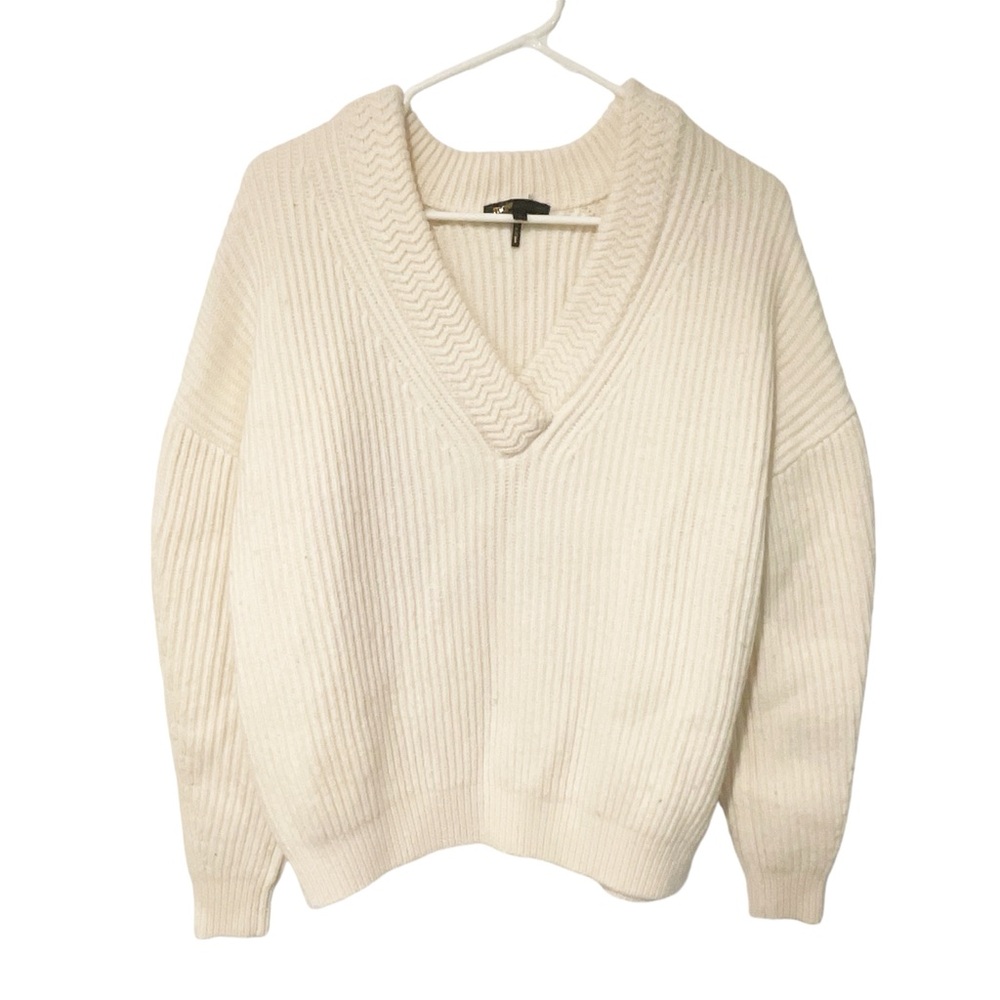 Maje Size 3/Large Cream Ribbed V Neck Wool Blend Knit Sweater